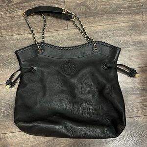 Tory Burch, Marion, black leather whipstitch swing shoulder/Crossbody bag